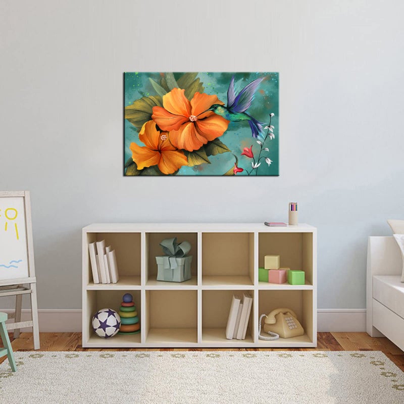 LevvArts Burn Orange and Teal Wall Art Decor Hummingbird Painting Prints Hawaii Hibiscus Flower Canvas Picture Vintage Living Room Bedroom Decorations 24x36 - Image 4